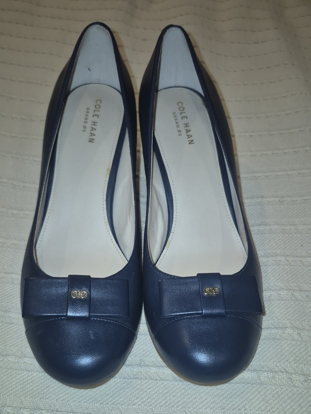 Cole Haan Navy Leather Bow Flats with Gold Accent